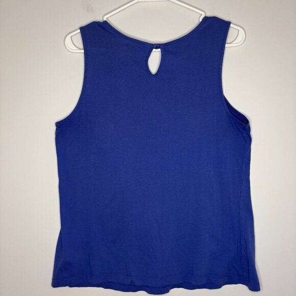 BANANA REPUBLIC Blouse L Blue Embroidered Key Hole Round Neck Tank - Picture 2 of 4
